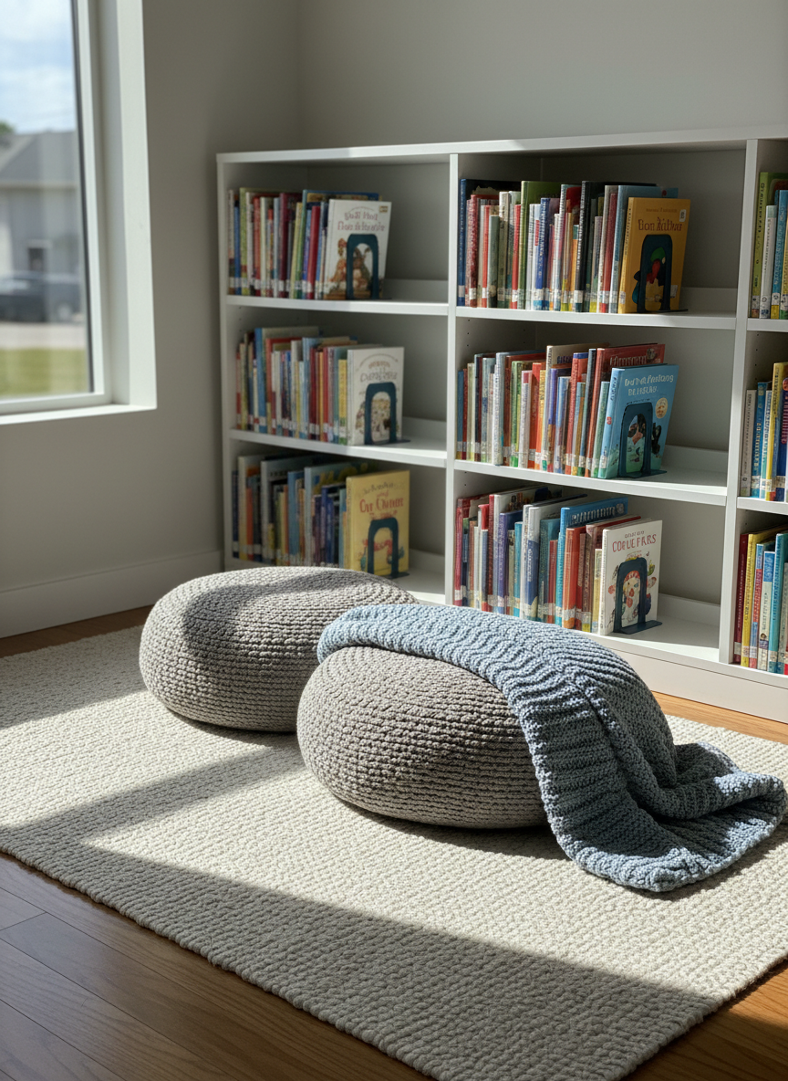 A cozy corner of a family resource library, featuring a low white bookshelf filled with neatly arranged, brightly colored children’s books and parenting guides, their titles indistinct. A plush, neutral-toned rug anchors the space, with two large, supportive floor cushions and a folded, knitted throw blanket placed invitingly nearby. Natural afternoon light pours in from a side window, forming soft rectangles of light on the rug and casting gentle shadows along the spines of the books. Photographic realism at eye level, with moderate depth of field keeping the entire nook in focus, creates a warm, accessible environment that conveys comfort, learning, and stability without any human figures.