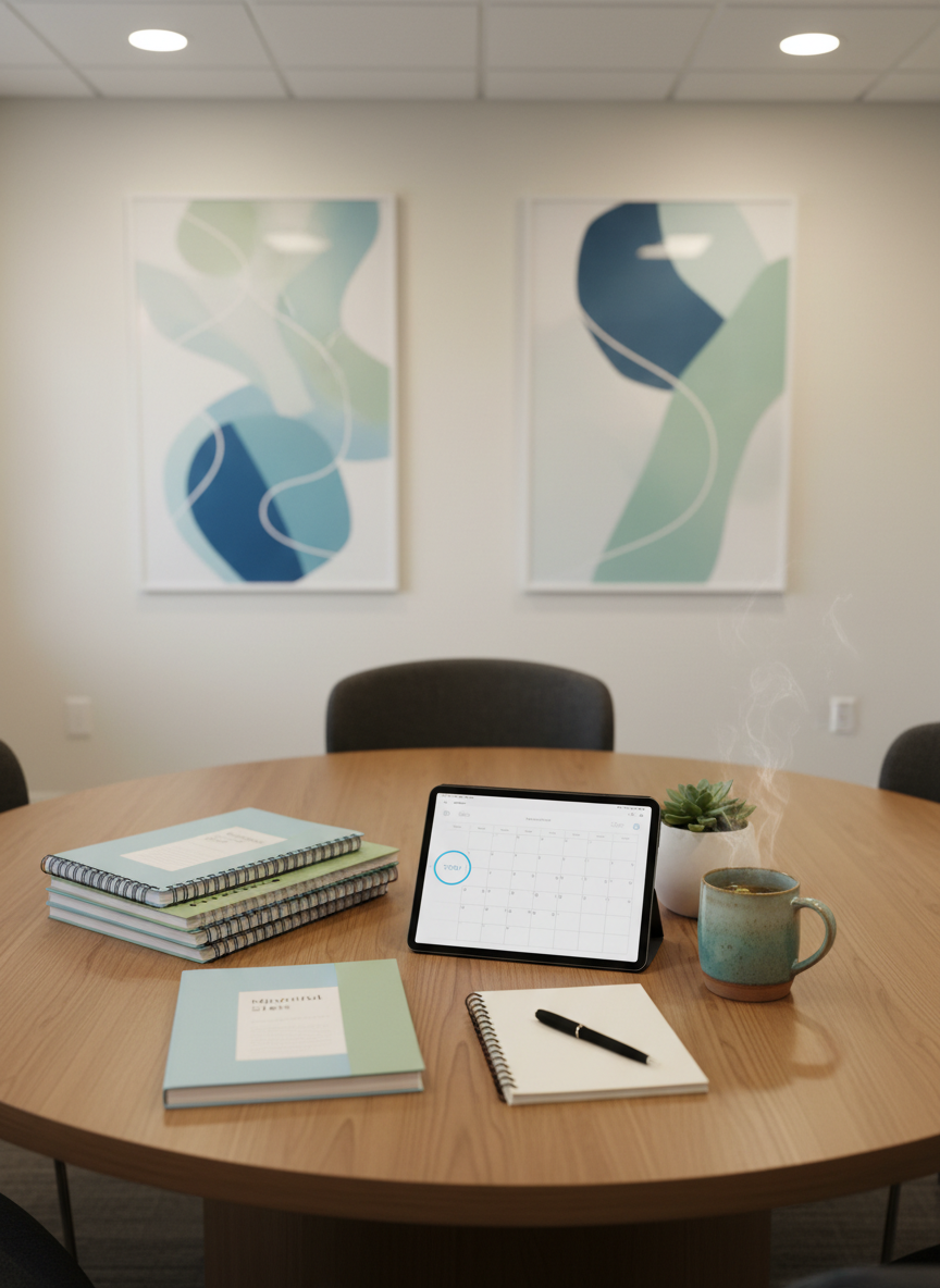 A round meeting table in a quiet community room, covered with an organized spread of supportive materials: spiral-bound workbooks, a tablet displaying a simple calendar, a notepad with a pen resting diagonally, and a ceramic mug beside a small potted plant. The walls in the background feature abstract, text-free posters in soothing blues and greens. Soft overhead lighting blends with indirect daylight from an unseen window, creating an even, gentle glow with minimal shadows. Captured in photographic realism from a slightly elevated angle using the rule of thirds, the composition suggests readiness for collaborative peer support conversations while maintaining a serene, hopeful mood without any people present.
